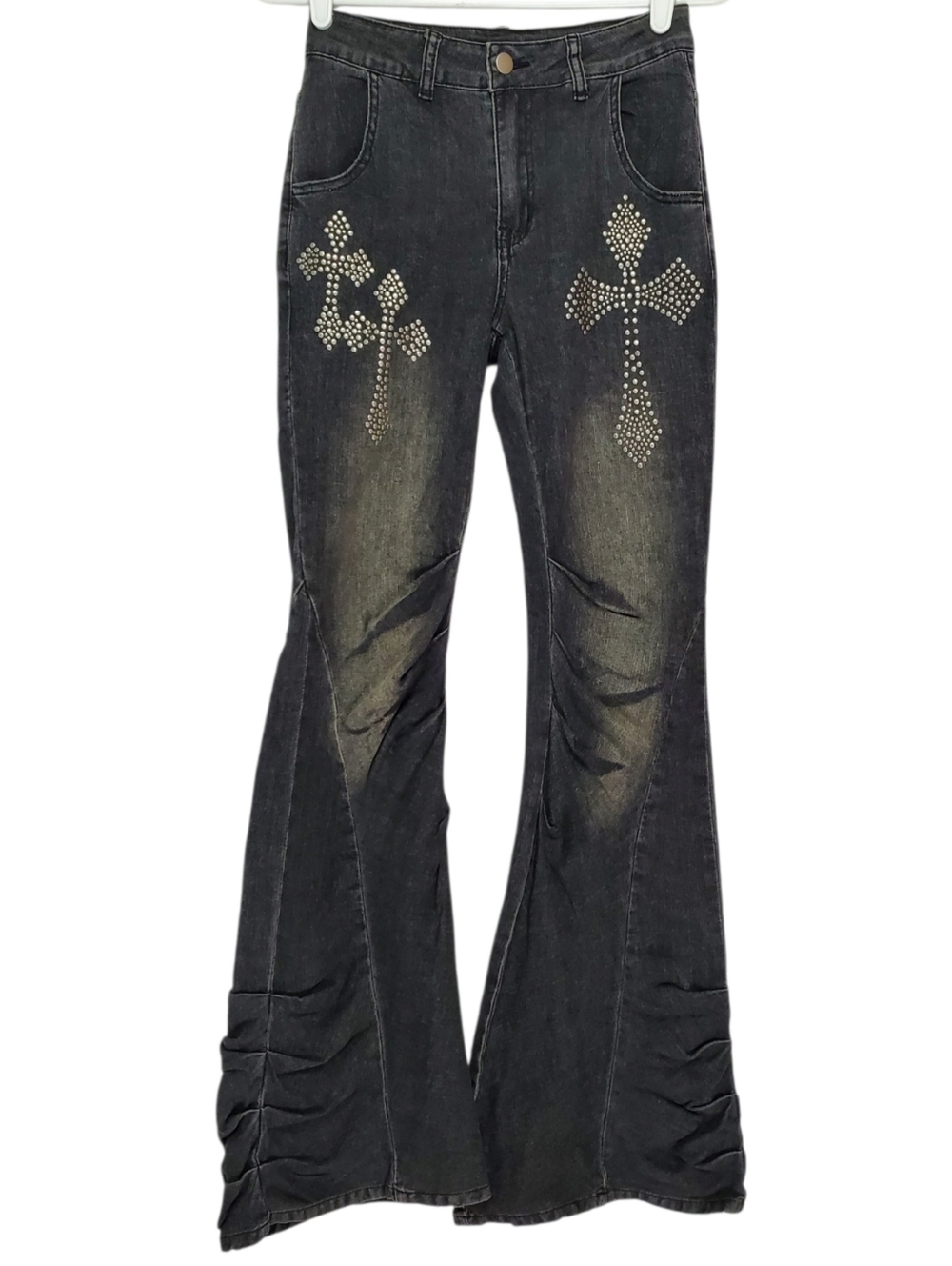 🟢7655 * Romwe Flare Jeans Stud Cross Black Wash  Denim Size XS (2) Y2K Indpired